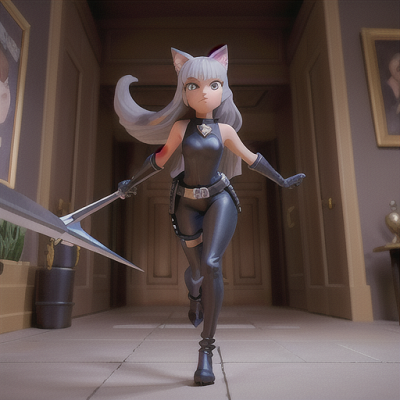 Image For Post Anime Art, Sly cat-girl thief, long silver hair with pointed cat ears, breaking into a heavily guarded museum