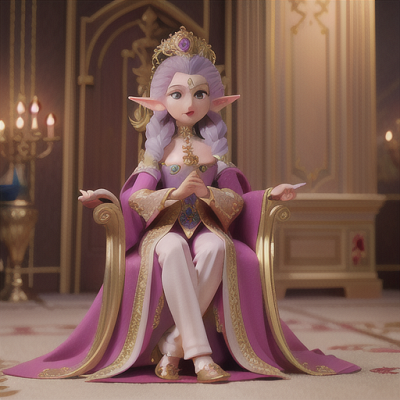 Image For Post Anime Art, Regal elf ruler, pale lavender hair and intricate crown, in an opulent throne room