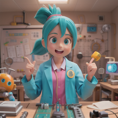 Image For Post Anime Art, Enthusiastic inventor girl, turquoise hair in a ponytail, in a chaotic workshop full of inventions
