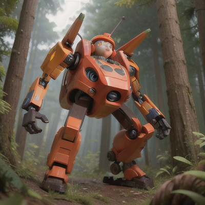 Image For Post Anime Art, Charming mecha pilot, fiery orange hair, within a dense hazy forest
