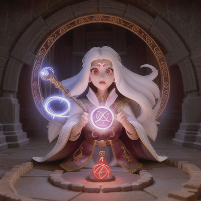Image For Post Anime Art, Powerful anime mage, long white hair and piercing red eyes, in an ancient hidden temple