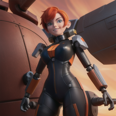 Image For Post Anime Art, Gifted mech pilot, short orange hair and a cocky grin, in the cockpit of a massive mech