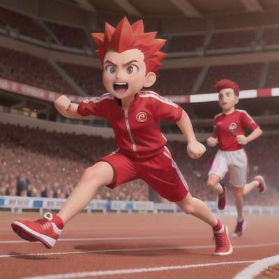 Image For Post Anime Art, Determined athlete boy, fiery red spiked hair, in the midst of a crowded race track