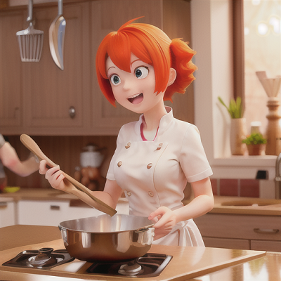 Image For Post Anime Art, Excited culinary prodigy, fiery orange hair, in a bustling anime-themed kitchen