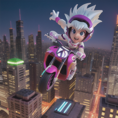 Image For Post Anime Art, Feisty hoverboard racer, sharp silver hair styled in a mohawk, flying through a neon city skyline