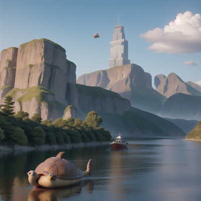 Image For Post Anime, boat, surprise, mountains, skyscraper, turtle, HD, 4K, AI Generated Art