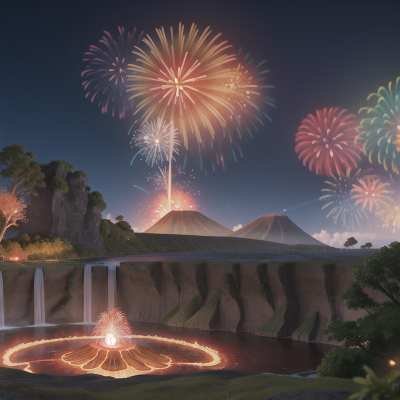 Image For Post Anime, waterfall, fireworks, island, volcanic eruption, farmer, HD, 4K, AI Generated Art