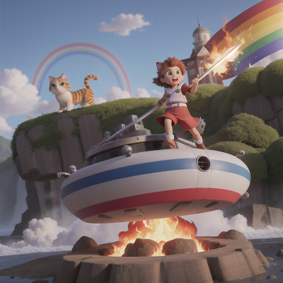 Image For Post Anime, rainbow, hovercraft, fire, cat, sword, HD, 4K, AI Generated Art