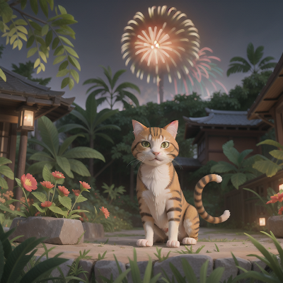 Image For Post Anime, fireworks, jungle, artificial intelligence, samurai, cat, HD, 4K, AI Generated Art