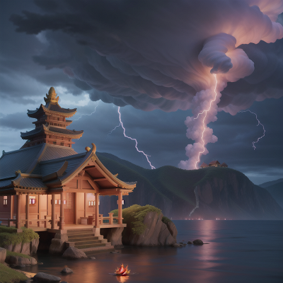 Image For Post Anime, temple, ocean, tornado, thunder, tiger, HD, 4K, AI Generated Art