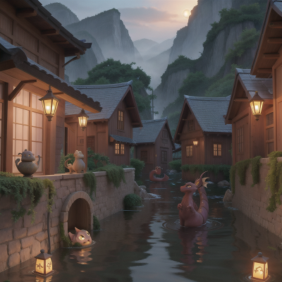 Image For Post Anime, village, lamp, dragon, villain, flood, HD, 4K, AI Generated Art