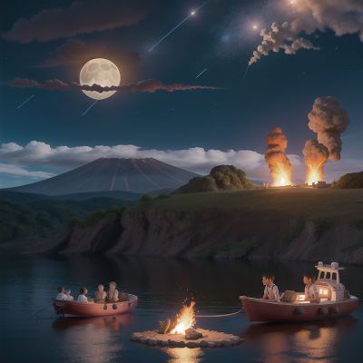 Image For Post Anime, boat, celebrating, meteor shower, volcano, moonlight, HD, 4K, AI Generated Art