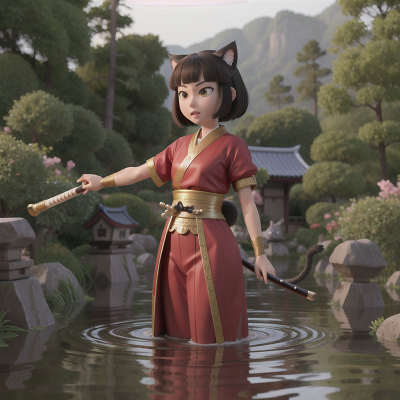 Image For Post Anime, flood, samurai, princess, flute, cat, HD, 4K, AI Generated Art