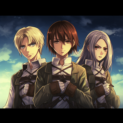 Image For Post | Mikasa, Eren, and Armin in high contrast, noticeable uniform details and striking poses. anime trio matching pfp pfp for discord. - [Anime Trio PFP](https://hero.page/pfp/anime-trio-pfp)