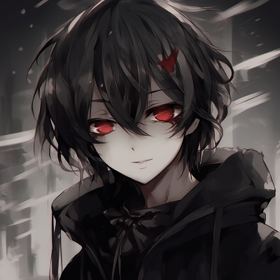 Image For Post | Anime boy with gothic style, red eyes and raven black hair, high contrast colors. ultimate gothic anime boy pfp - [Gothic Anime PFP Gallery](https://hero.page/pfp/gothic-anime-pfp-gallery)