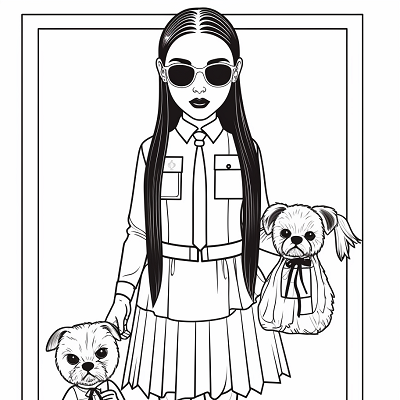 Image For Post | Wednesday Addams posing with her unusual pet, a headless doll; detailed features and striking outlines. printable coloring page, black and white, free download - [Wednesday Addams Coloring Pictures Pages ](https://hero.page/coloring/wednesday-addams-coloring-pictures-pages-fun-and-creative)