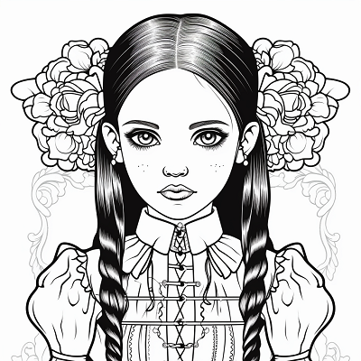 Image For Post | Detailed depiction of Wednesday Addams in Victorian outfit; intricate lace and patterns. printable coloring page, black and white, free download - [Wednesday Addams Coloring Pages ](https://hero.page/coloring/wednesday-addams-coloring-pages-kids-and-adult-relaxation)