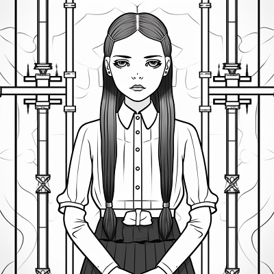 Image For Post | Classic stance of Wednesday Addams with reserved expression; intricate details in clothing. printable coloring page, black and white, free download - [Wednesday Addams Coloring Pictures Pages ](https://hero.page/coloring/wednesday-addams-coloring-pictures-pages-fun-and-creative)