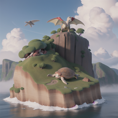 Image For Post Anime, turtle, avalanche, island, fog, pterodactyl, HD, 4K, AI Generated Art