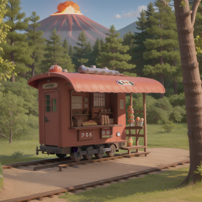 Image For Post Anime, hot dog stand, hat, forest, train, volcano, HD, 4K, AI Generated Art