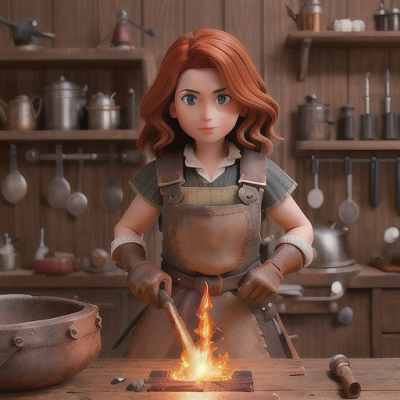 Image For Post Anime Art, Resourceful young blacksmith, untamed auburn hair and soot-streaked cheeks, in a fiery workshop filled with