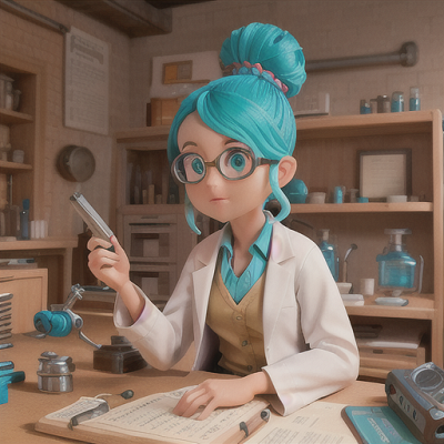 Image For Post Anime Art, Inventive scientist, turquoise hair in a twisted bun, in a cluttered lab