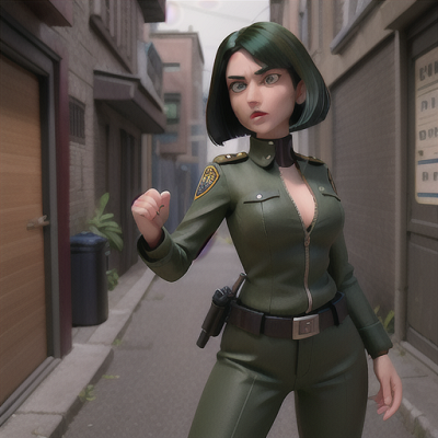 Image For Post Anime Art, Tough and authoritative policewoman, dark green hair in a sleek bob, in a crime-ridden city alleyway