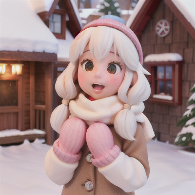 Image For Post Anime Art, Cozy small-town girl, soft white hair and blush cheeks, in a quaint snow-covered village