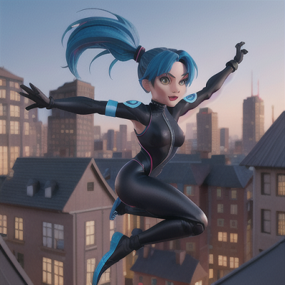 Image For Post Anime Art, Energetic ninja girl, electric blue hair in a high ponytail, in a bustling market square