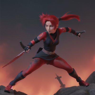 Image For Post | Anime, manga, Fearless ninja warrior, blood-red hair in a tight ponytail, infiltrating an enemy castle under a full moon, silently taking down enemy guards, a collection of shurikens, kunai, and smoke bombs, traditional black and red ninja gear, dynamic action and high contrast style, an atmosphere of danger and stealth - [AI Art, Anime Kimono Scene ](https://hero.page/examples/anime-kimono-scene-stable-diffusion-prompt-library)