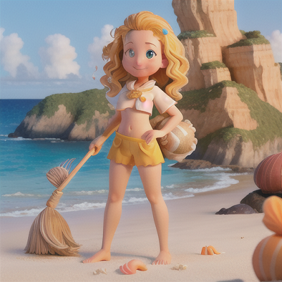 Image For Post Anime Art, Spirited beach caretaker, golden hair adorned with seashells, diligently cleaning up after a parallel univer