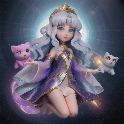 Image For Post Anime Art, Dimension-hopping guardian, sparkling silver hair and starry eyes, in a galaxy-themed dreamscape