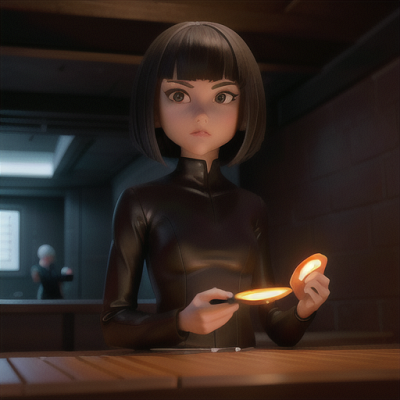 Image For Post | Anime, manga, Skilled assassin girl, short black hair in a sleek bob, in a dimly lit underground hideout, biting into a piece of sushi, a secret plan displayed on a glowing holographic table, a high-tech stealth outfit, contrasting shadows and light, a tense and suspenseful aura - [AI Art, Anime Eating Scenes ](https://hero.page/examples/anime-eating-scenes-stable-diffusion-prompt-library)