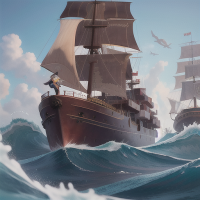 Image For Post | Anime, manga, Young pirate captain, sky blue hair in a ponytail, aboard a ship with giant anime waves, ordering her crew around, a massive kraken emerging from the depths, a unique pirate outfit with a large hat, dynamic and adventurous anime style, thrilling and action-packed atmosphere - [AI Art, Tall Anime Scenes ](https://hero.page/examples/tall-anime-scenes-stable-diffusion-prompt-library)