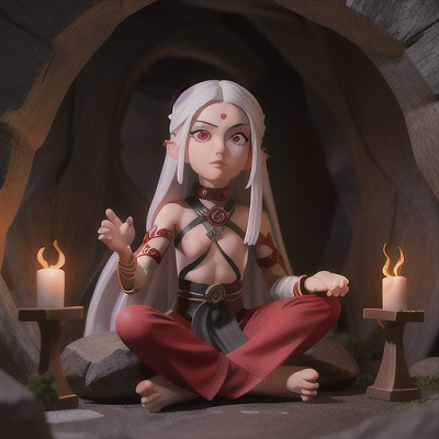 Image For Post Anime Art, Enigmatic ninja master, long white hair and piercing red eyes, sequestered away in a cave-like sanctuary