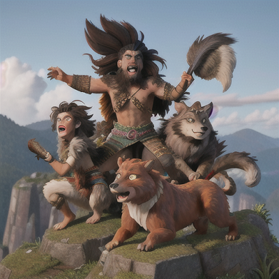 Image For Post Anime Art, Feral beast warrior, shaggy dark hair and animalistic features, atop a craggy mountain peak