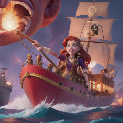 Image For Post Anime Art, Fearless pirate captain girl, fiery red hair, aboard a massive ship on the high seas