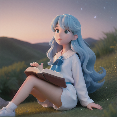 Image For Post | Anime, manga, Dreamy star-loving girl, sky blue hair in loose waves, sitting atop a tranquil hill at dusk, gazing up at the twinkling stars above, a telescope and astronomy book next to her, casual white blouse and blue shorts, warm-toned anime style, an ambiance of longing and serenity - [AI Art, Meditative Anime Scenes ](https://hero.page/examples/meditative-anime-scenes-stable-diffusion-prompt-library)