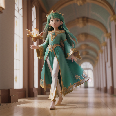 Image For Post Anime Art, Timeless sky guardian, emerald hair adorned with crystals, within the halls of an ancient floating fortress
