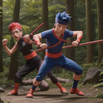 Image For Post Anime Art, Determined ninja student, blue spiky hair and crimson headband, amidst a dense forest