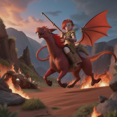 Image For Post | Anime, manga, Feisty dragon tamer, fiery red hair with twin horns, in a dramatic volcanic landscape, riding on a majestic dragon, a daring group of adventurers following behind, practical yet stylish battle gear, high-stakes battle scene with intense camaraderie, epic and exhilarating narrative - [AI Art, Anime Girls Group Themes ](https://hero.page/examples/anime-girls-group-themes-stable-diffusion-prompt-library)