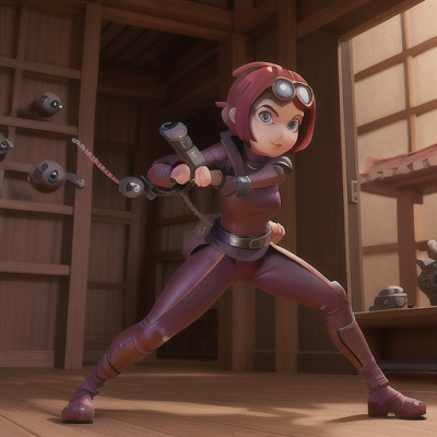 Image For Post Anime Art, Gadget-wearing ninja girl, short burgundy hair with goggles, inside an ancient pagoda filled with scrolls