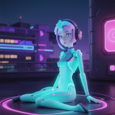 Image For Post Anime Art, Heartbroken android, pale-blue synthetic hair and glowing circuits, sitting on a rooftop under city lights