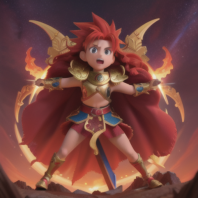Image For Post Anime Art, Determined young warrior, fiery red hair spiking upwards, on a shimmering celestial battlefield