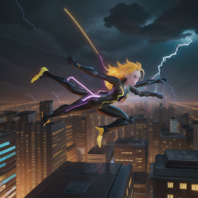 Image For Post Anime Art, Electric-powered ninja, vibrant yellow hair and lightning scars, among a thunderstorm-lit cityscape