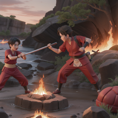 Image For Post Anime, fighting, river, firefighter, lava, samurai, HD, 4K, AI Generated Art