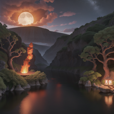 Image For Post Anime, river, volcanic eruption, forest, underwater city, moonlight, HD, 4K, AI Generated Art