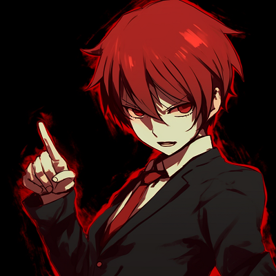 Image For Post | Smiling Karma Akabane, highlighting the contrast between his red hair and sparkling eyes. red anime pfp for boys - [Red Anime PFP Compilation](https://hero.page/pfp/red-anime-pfp-compilation)