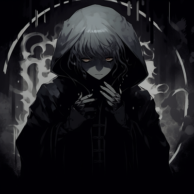 Image For Post | Image mainly focuses on a hooded character, intricate linework on the hood suggests mystery. mysterious black anime pfpHD, free download - [Black Anime PFP Central](https://hero.page/pfp/black-anime-pfp-central)