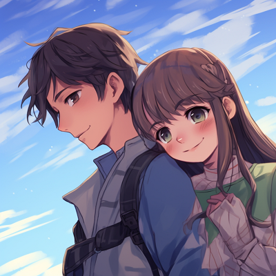 Image For Post | A serene image of an adventurous couple against a vivid sunset, emphasizing the warmth of their bond and their detailed facial expression. adventure-focused couple anime pfp - [Couple Anime PFP Themes](https://hero.page/pfp/couple-anime-pfp-themes)